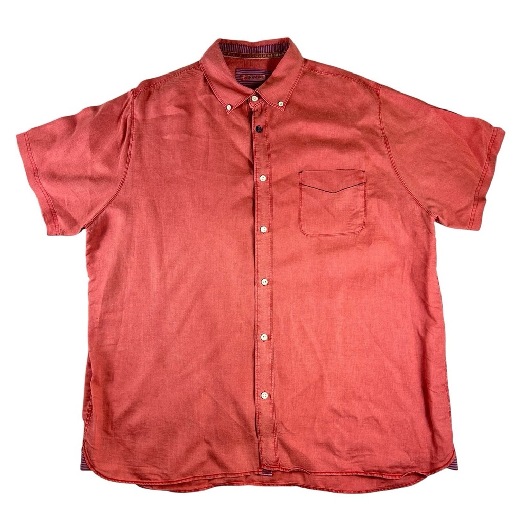 32 Bar Blues Mens XXL 100% Linen Shirt Pink Salmon Short Sleeve Button Down 2XL